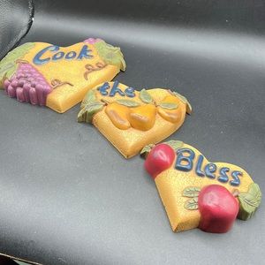 3 Pc Home Interiors Kitchen Wall Plaque Bless The Cook Heart Shaped fruit